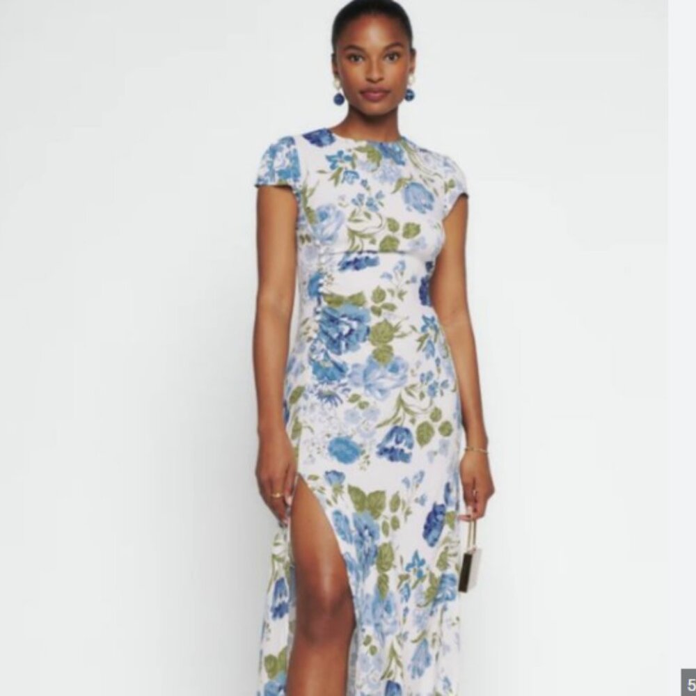 Reformation Blue Floral Crepe Frasier Dress in Lucca